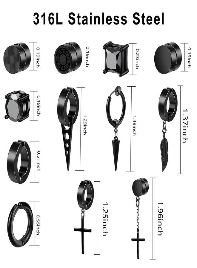 ONESING 12 Pairs Black Magnetic Earrings: Clip On, Hoop & Dangle Designs - Non-Piercing Set for Men & Women - Image 2